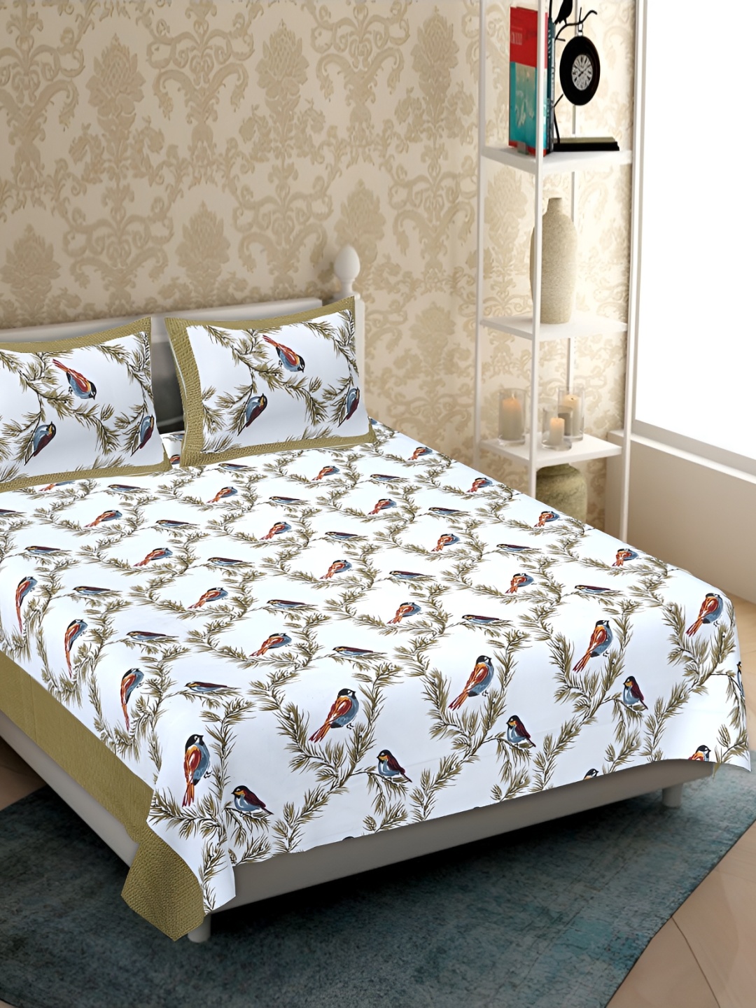 

UBANIA COLLECTION White Printed 120 TC Cotton Queen Bedsheet with 2 Pillow Covers