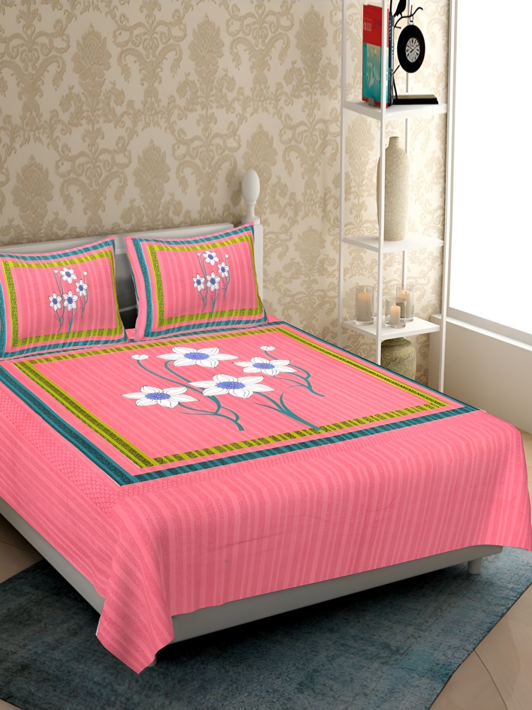 

UBANIA COLLECTION Peach & White Printed Cotton 120 TC Queen Bedsheet with 2 Pillow Covers