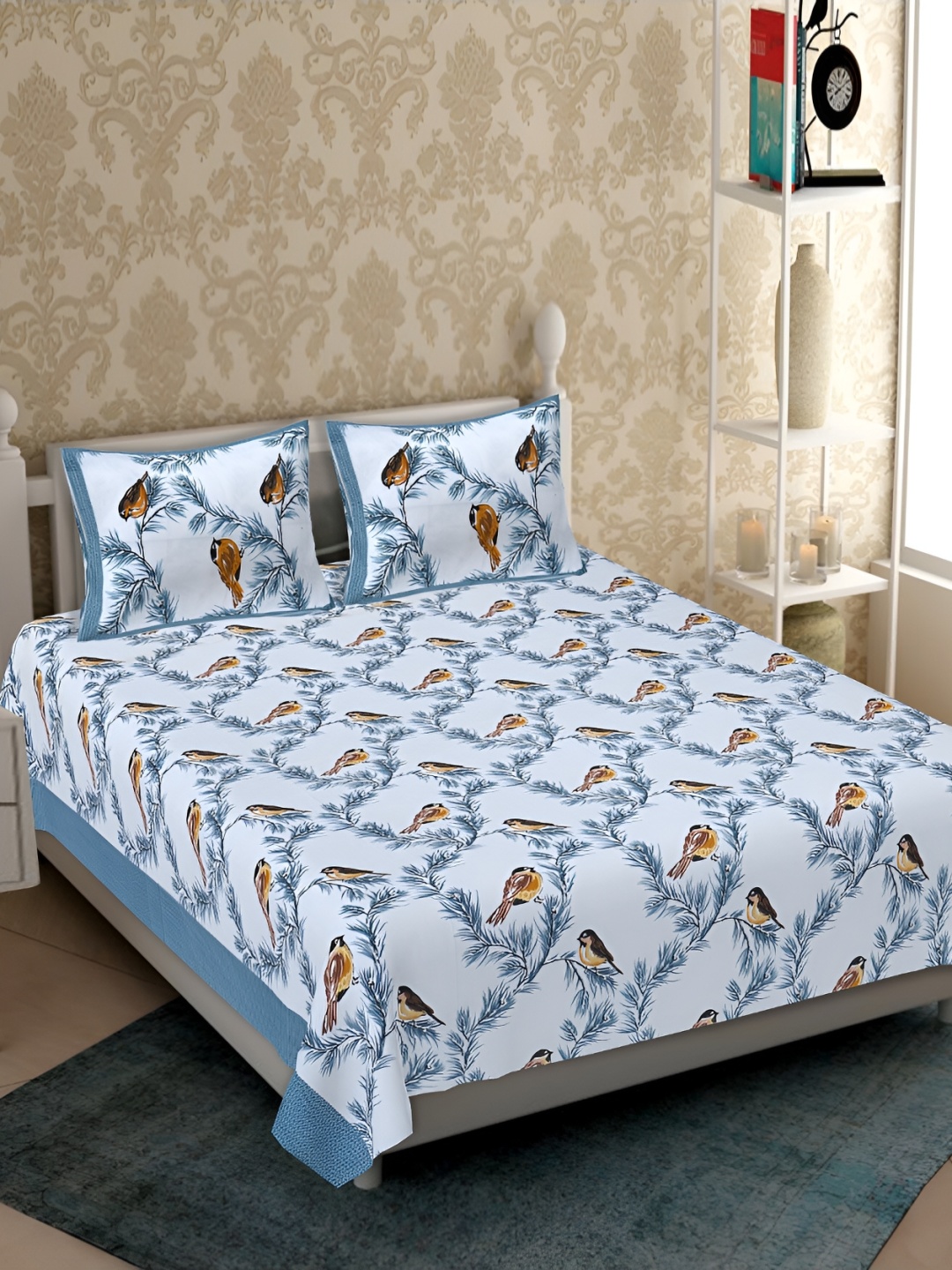 

UBANIA COLLECTION Printed Blue 120 TC Cotton Queen Bedsheet with 2 Pillow Covers