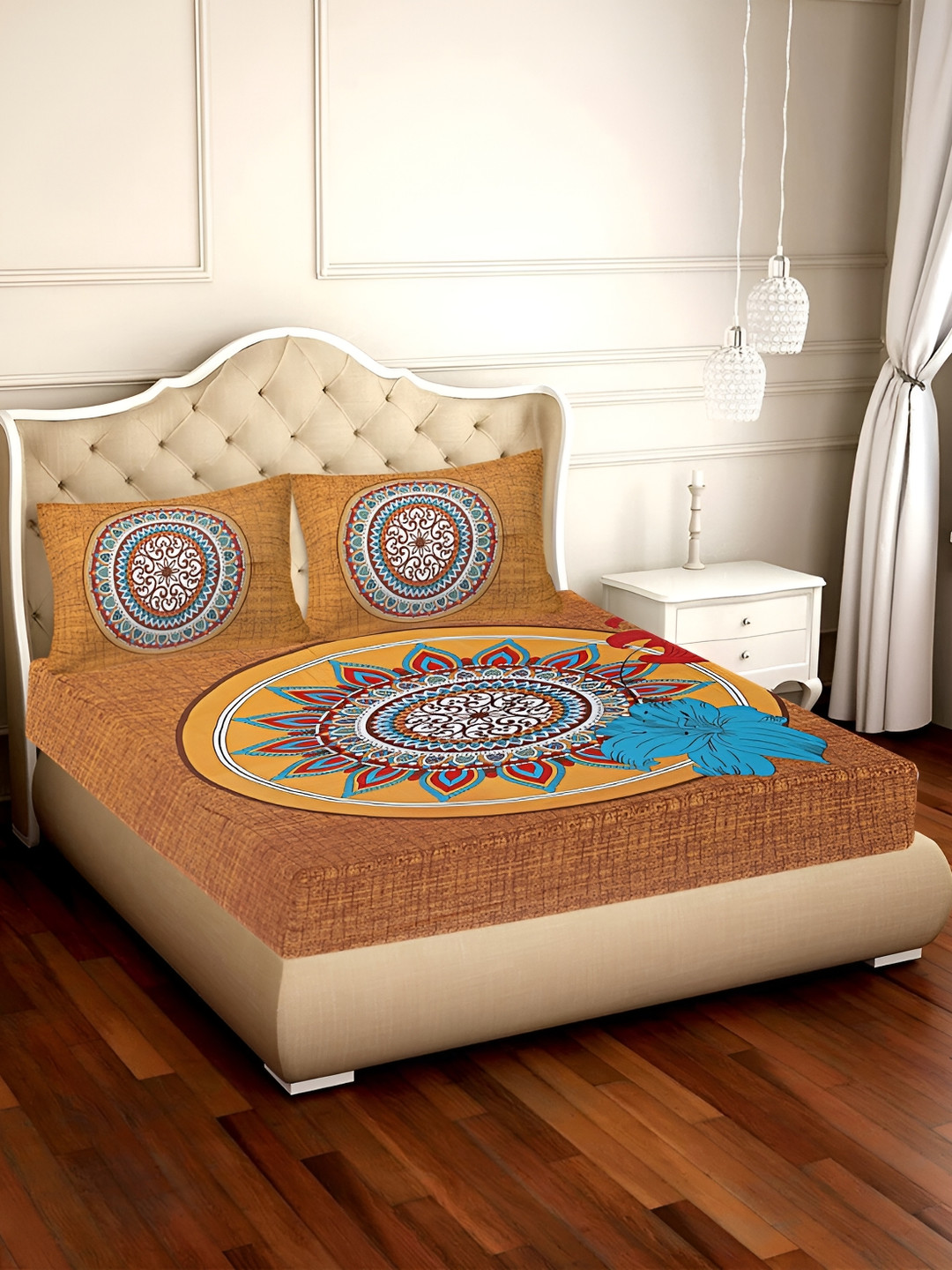 

UBANIA COLLECTION Yellow & Brown Printed Cotton 120 TC Queen Bedsheet with 2 Pillow Covers
