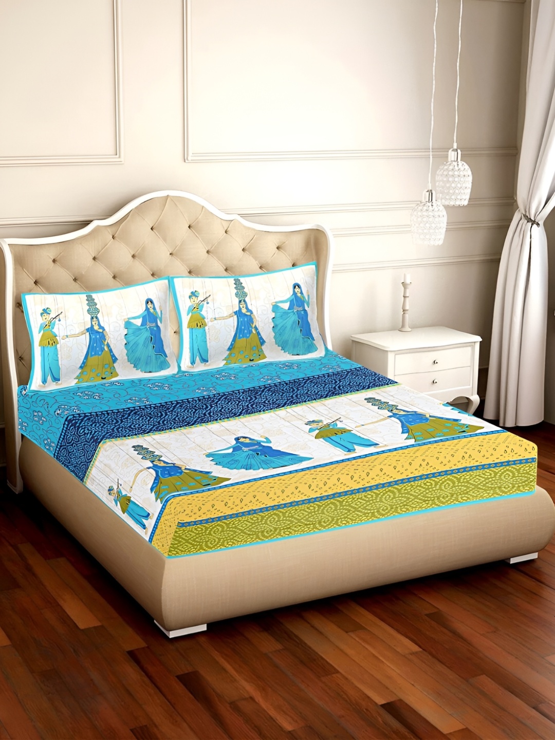 

UBANIA COLLECTION Turquoise Blue Printed Cotton 120 TC Queen Bedsheet with 2 Pillow Covers