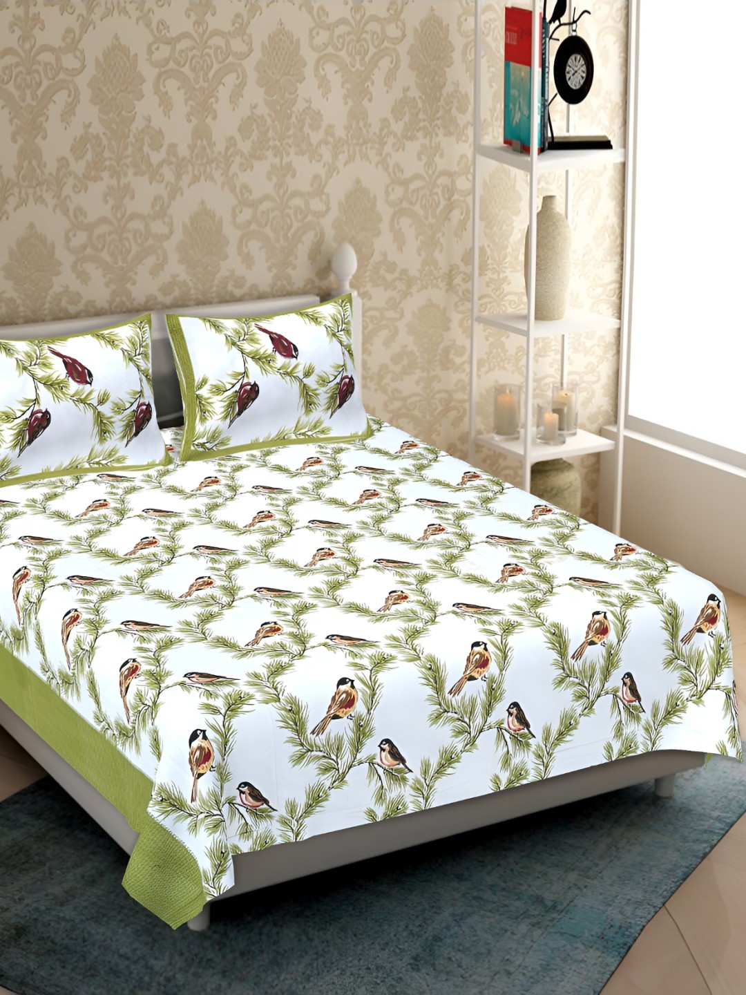 

UBANIA COLLECTION Green & White Printed Cotton 120 TC Queen Bedsheet with 2 Pillow Covers