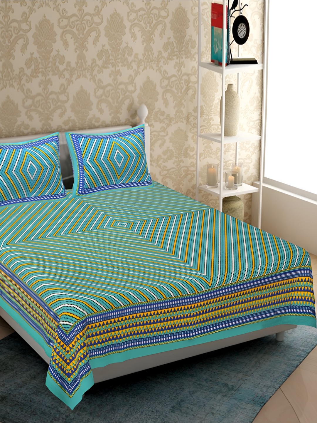 

UBANIA COLLECTION Turquoise blue Printed 120 TC Cotton Queen Bedsheet with 2 Pillow Covers