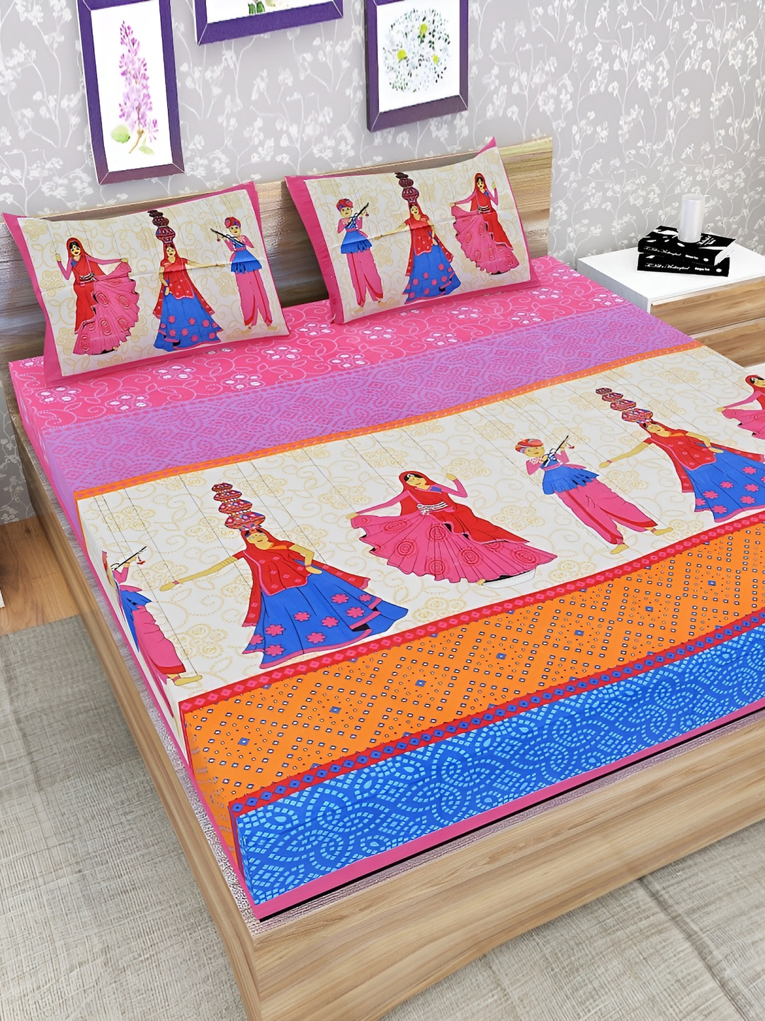 

UBANIA COLLECTION Pink & Blue Printed Cotton 120 TC Queen Bedsheet with 2 Pillow Covers