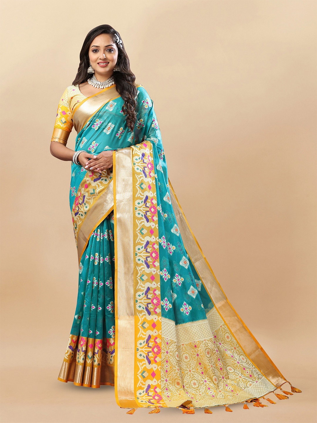 

bansari textiles Ethnic Motifs Woven Design Zari Organza Banarasi Saree, Green