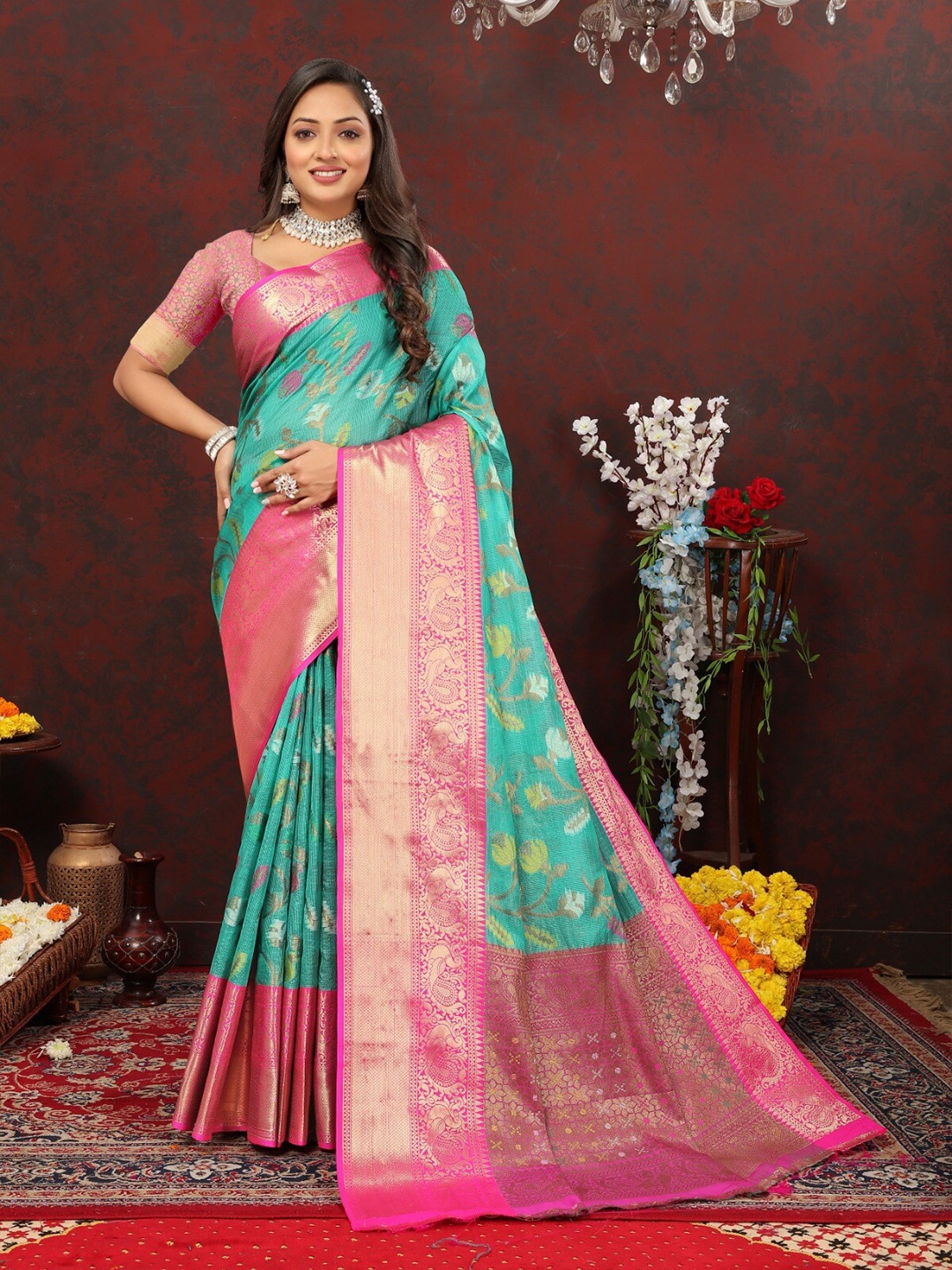 

bansari textiles Ethnic Motifs Woven Design Zari Banarasi Saree, Green