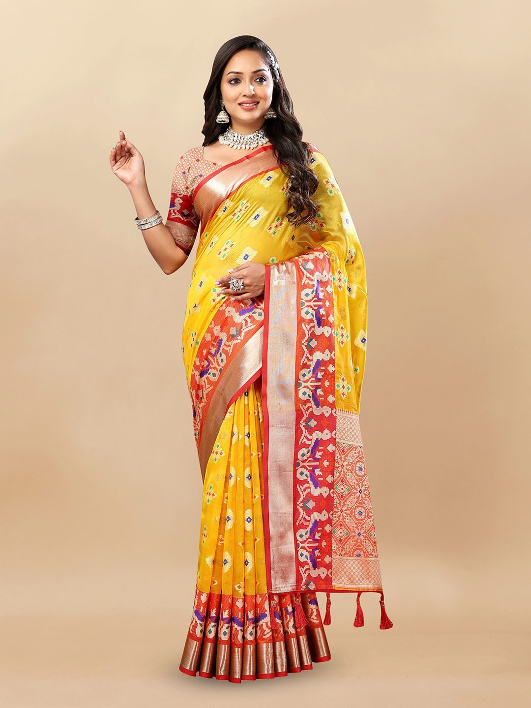 

bansari textiles Ethnic Motifs Woven Design Zari Organza Banarasi Saree, Yellow