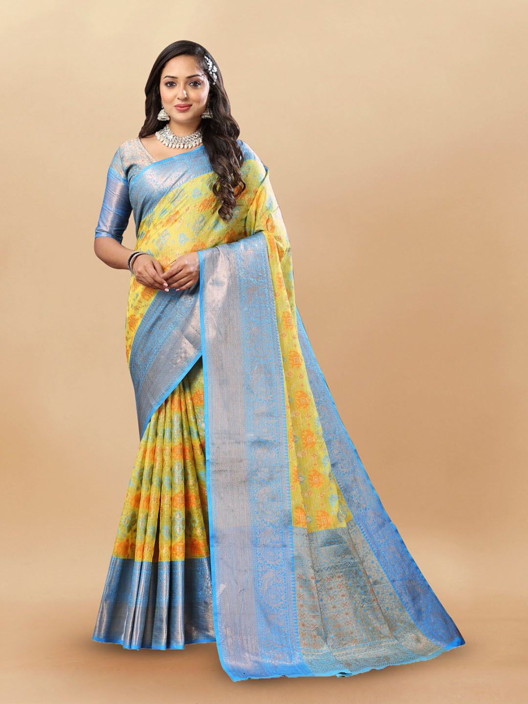 

bansari textiles Ethnic Motifs Woven Design Zari Designer Banarasi Saree, Yellow
