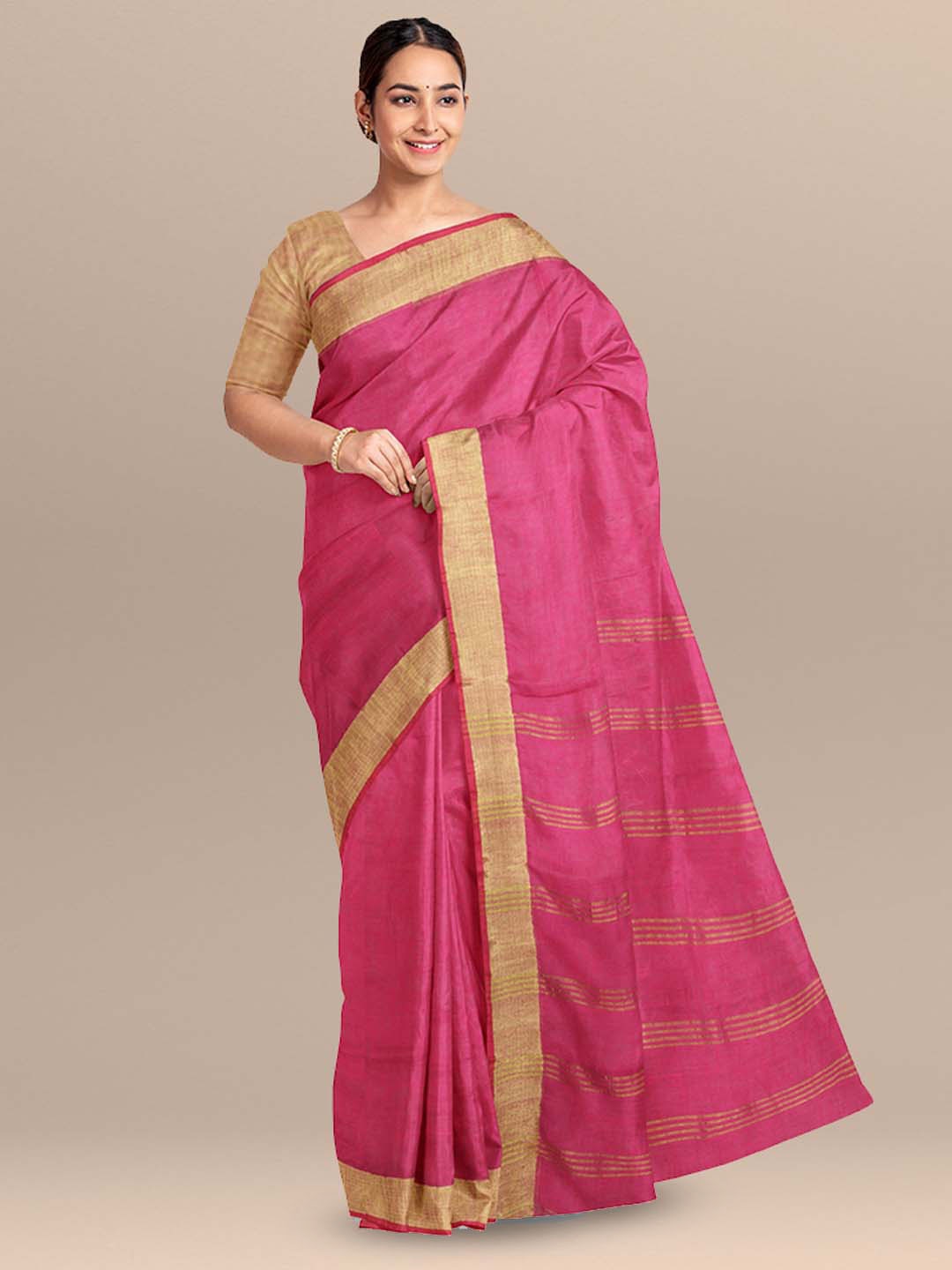 

SARIKA Striped Zari Pure Linen Fusion Saree, Pink