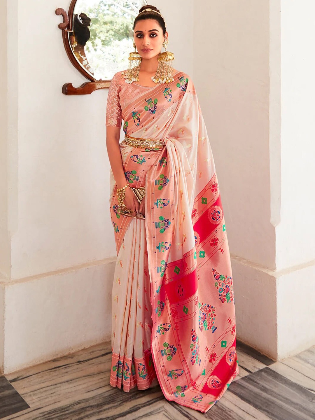 

Mitera Peach Ethnic Motifs Woven Design Zari Art Silk Banarasi Saree