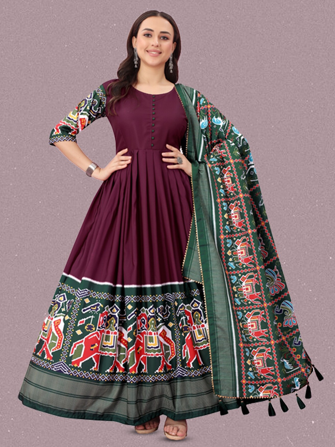 

N N ENTERPRISE Printed Anarkali Kurta With Trouser & Dupatta, Purple