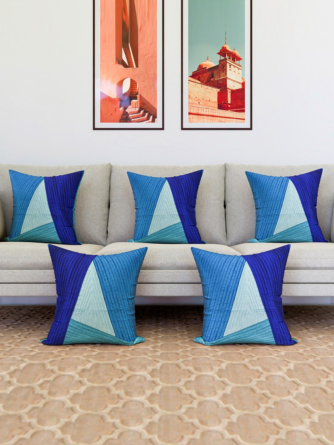 

Kuber Industries Blue 5 Pieces Geometric Printed Textured Square Cushion Covers