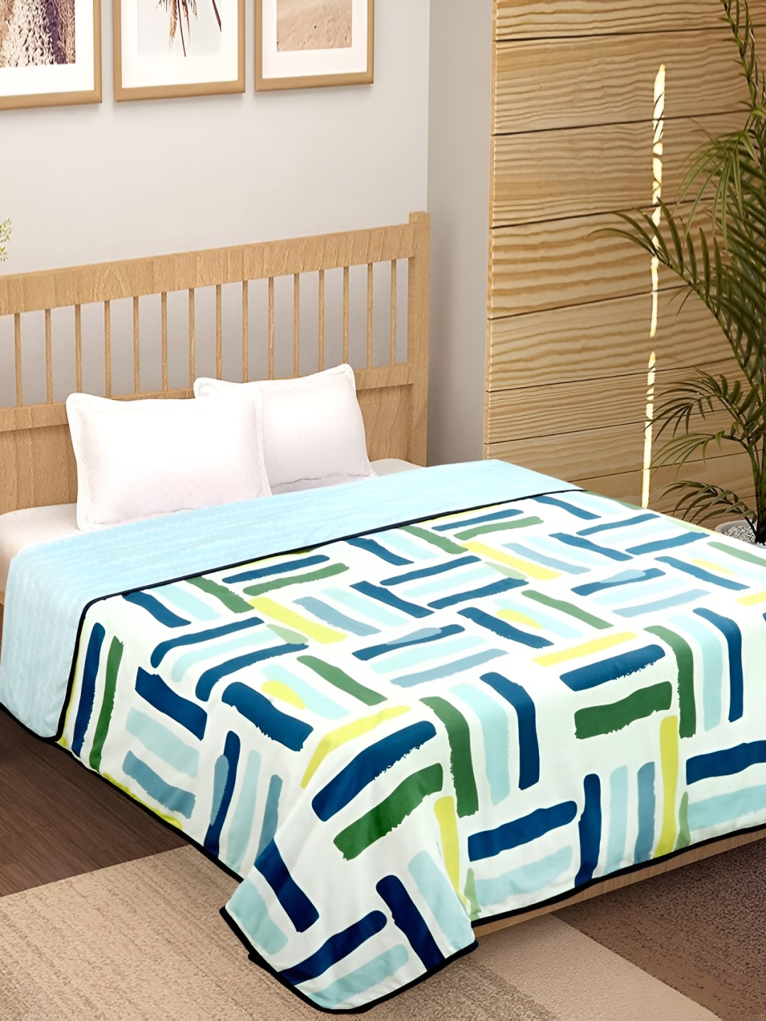 

bsb home White & Green Printed Cotton 120 GSM Reversible Double Bed Dohar