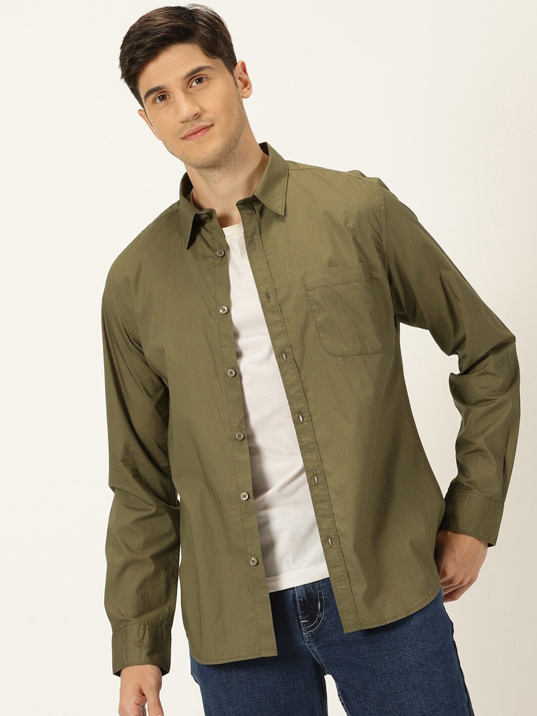 

Harvard Classic Cotton Spread Collar Slim Fit Opaque Casual Shirt, Olive