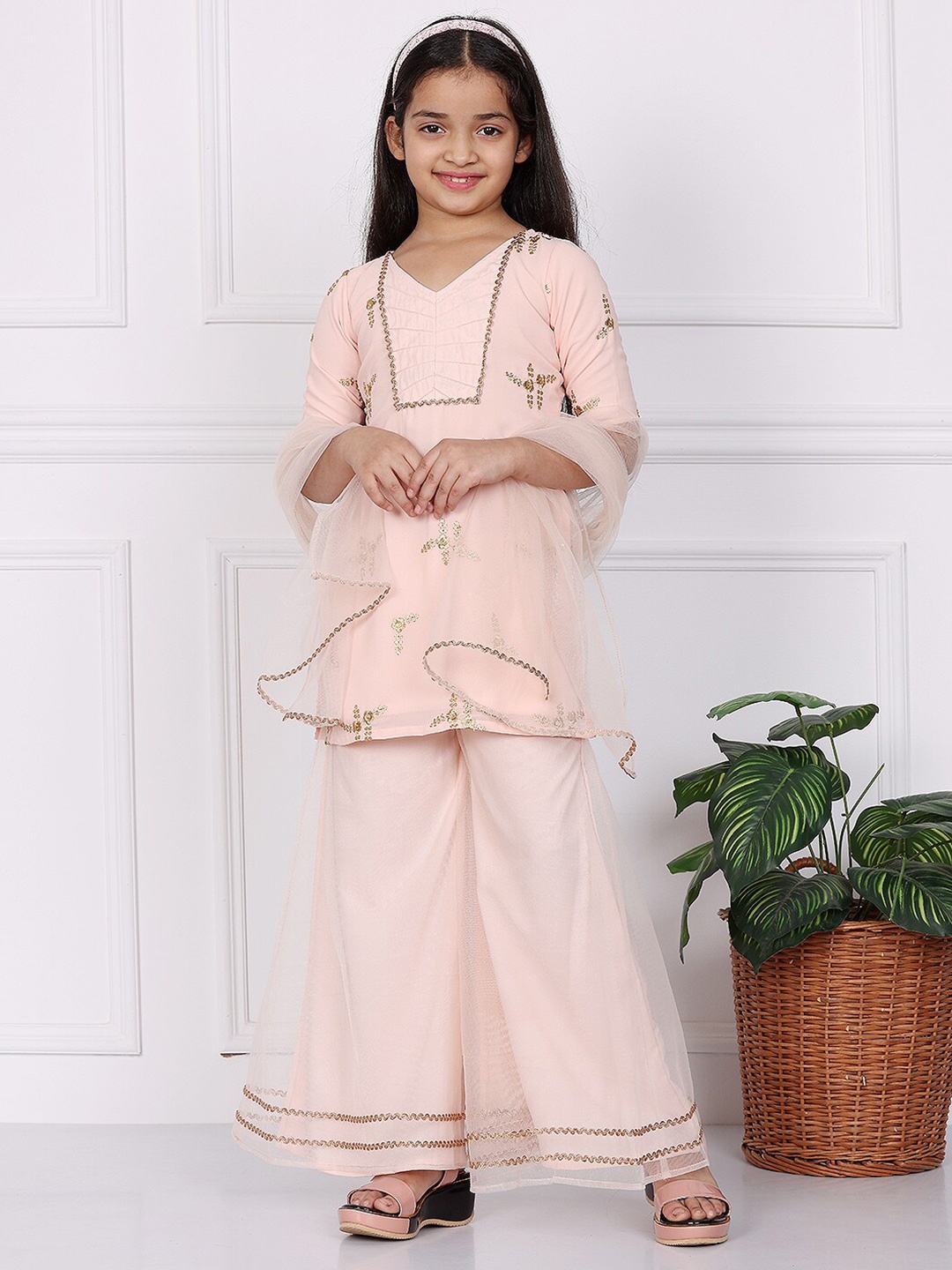 

Ethnovog Girls Ethnic Motifs Net Embroidered Palazzo Suit, Peach