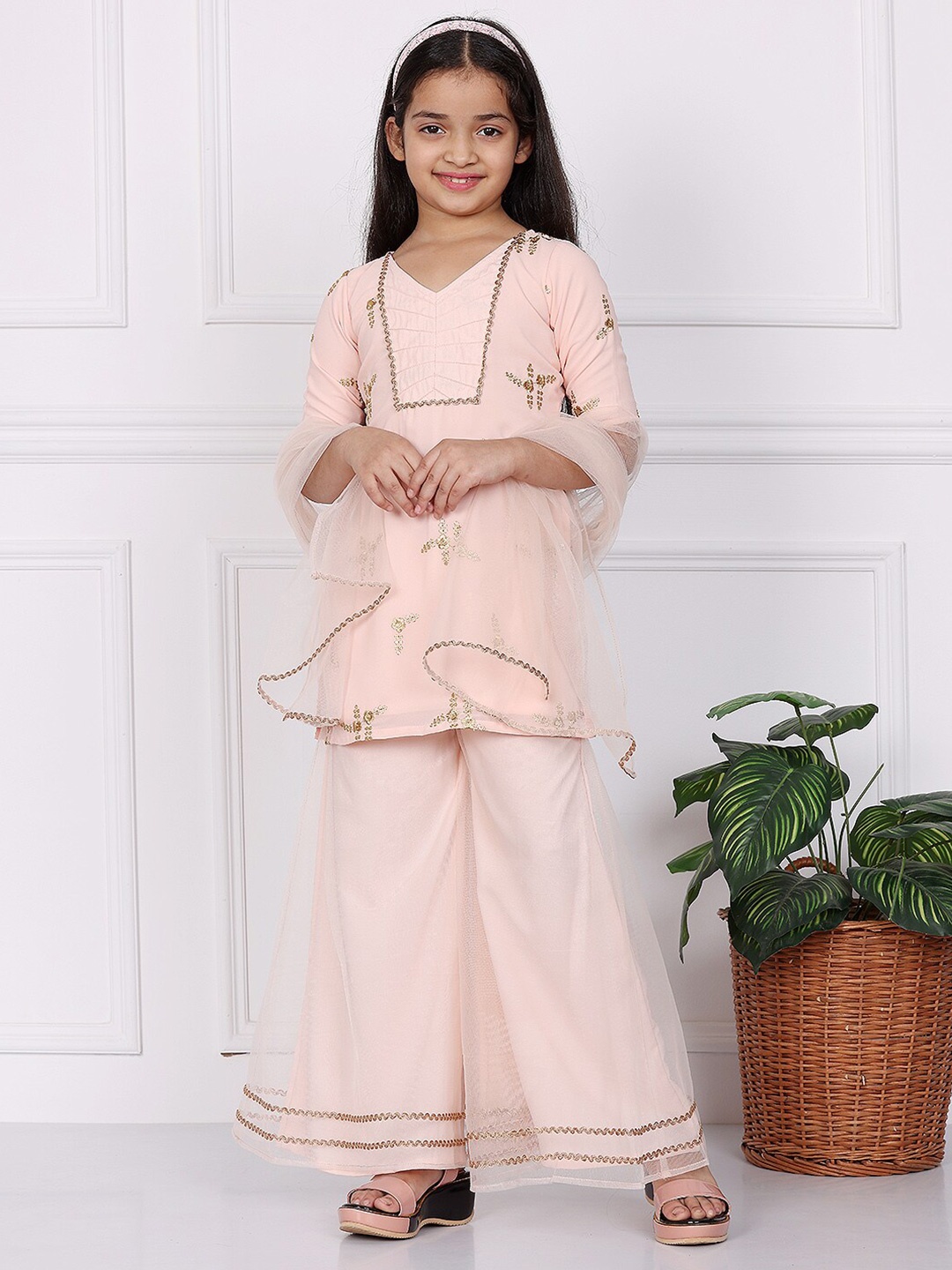 

Ethnovog Girls Net Embroidered Palazzo Suit, Peach