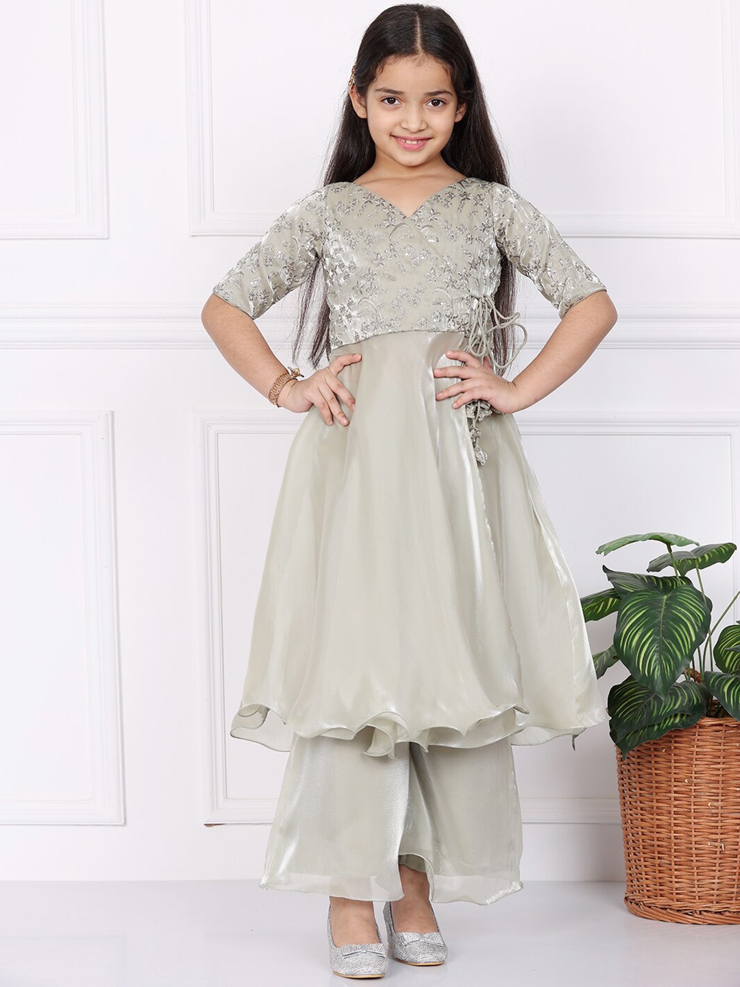 

Ethnovog Girls Embroidered Organza Palazzo Suit, Grey