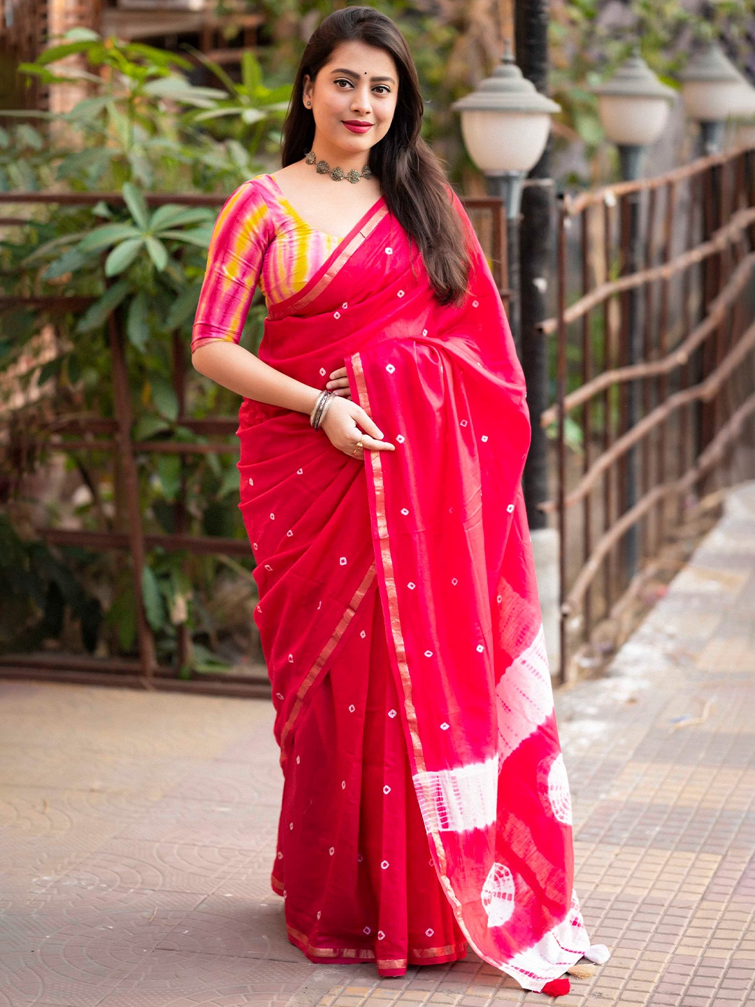

Mitera Bandhani Cotton Designer Block Print Saree, Pink