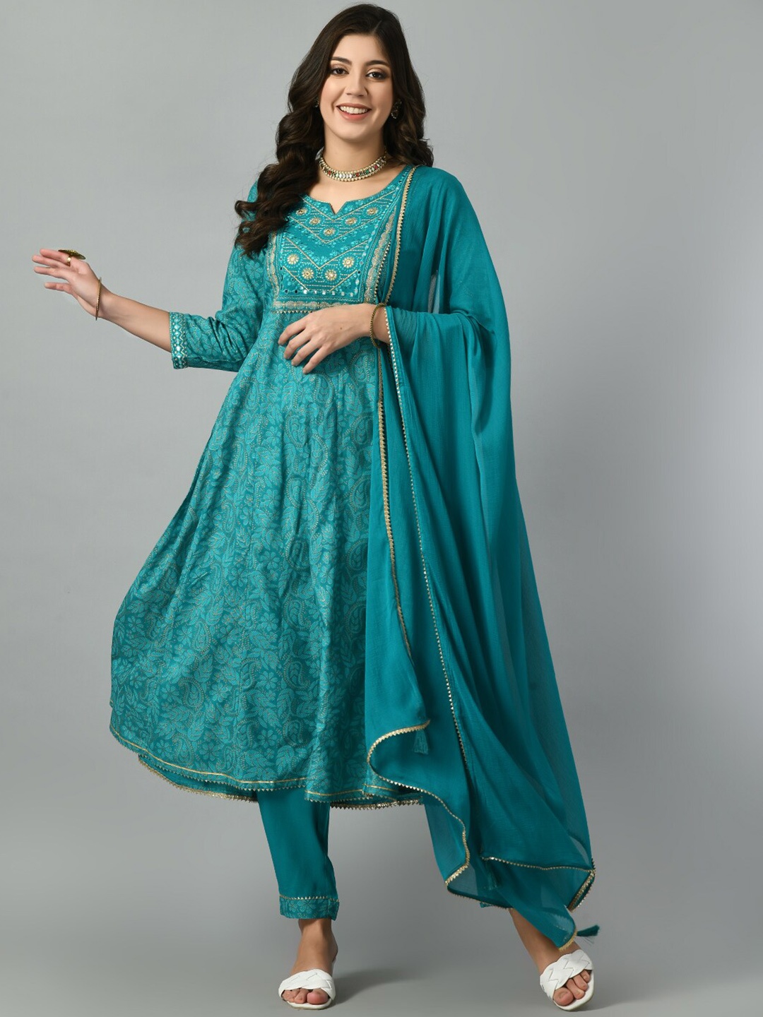 

DOISA Notch Neck Floral Embroidered Mirror Work Flared Kurta with Trousers & Dupatta, Green