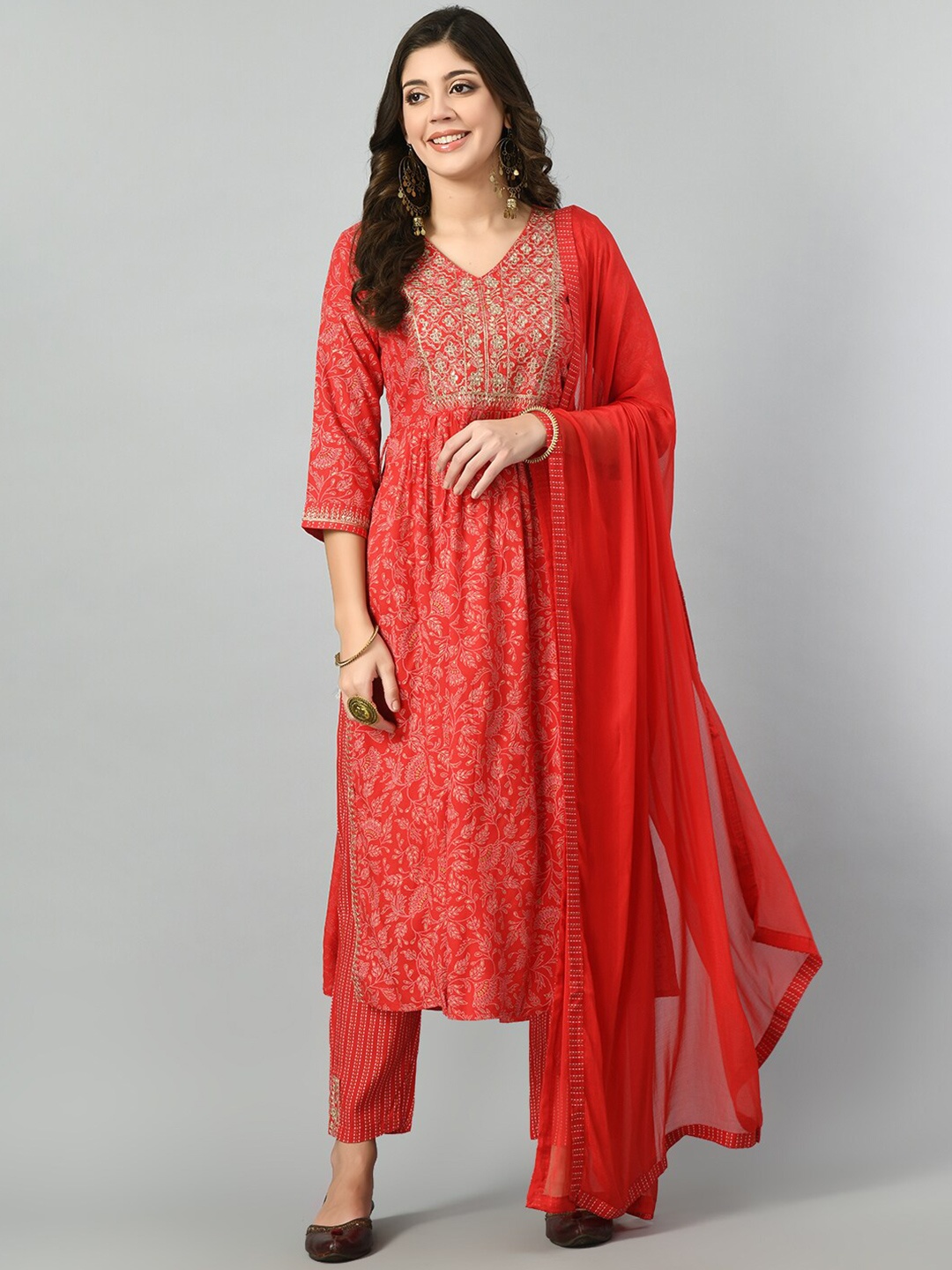 

DOISA V-neck Floral Embroidered Mirror Work Straight Kurta with Trousers & Dupatta, Red