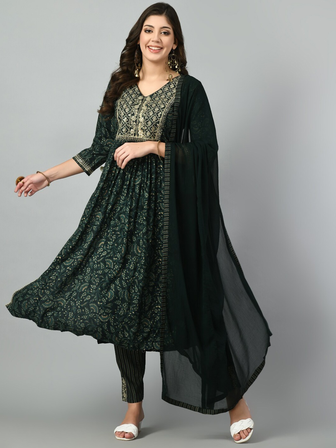 

DOISA V-neck Floral Embroidered Mirror Work Flared Kurta with Trousers & Dupatta, Green