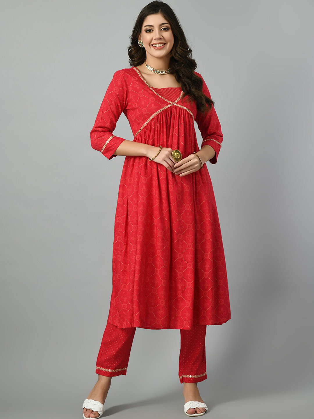 

DOISA Square Neck Floral Embroidered Mirror Work Flared Kurta with Trousers & Dupatta, Pink