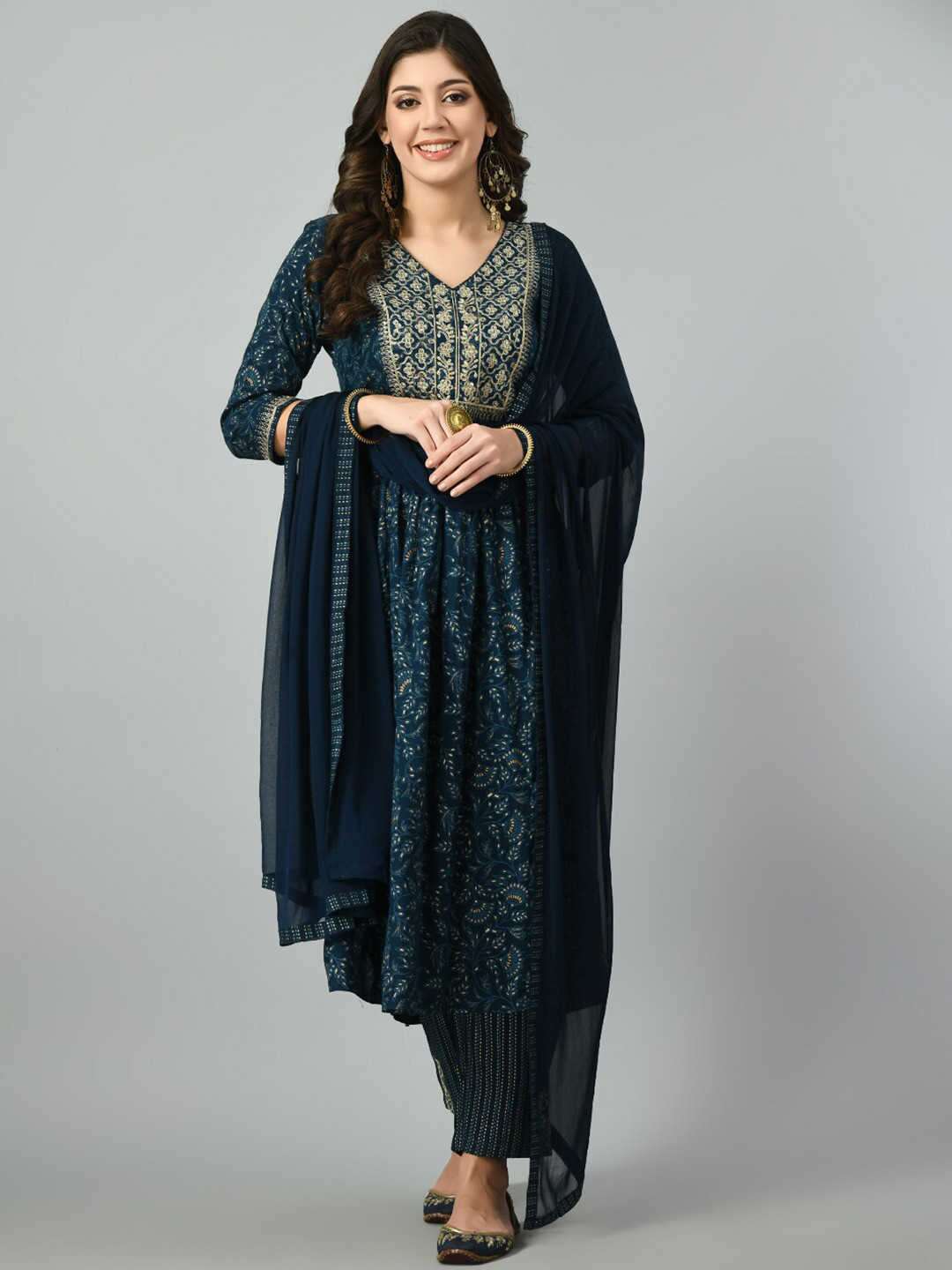 

DOISA V-neck Floral Embroidered Mirror Work Flared Kurta with Trousers & Dupatta, Blue