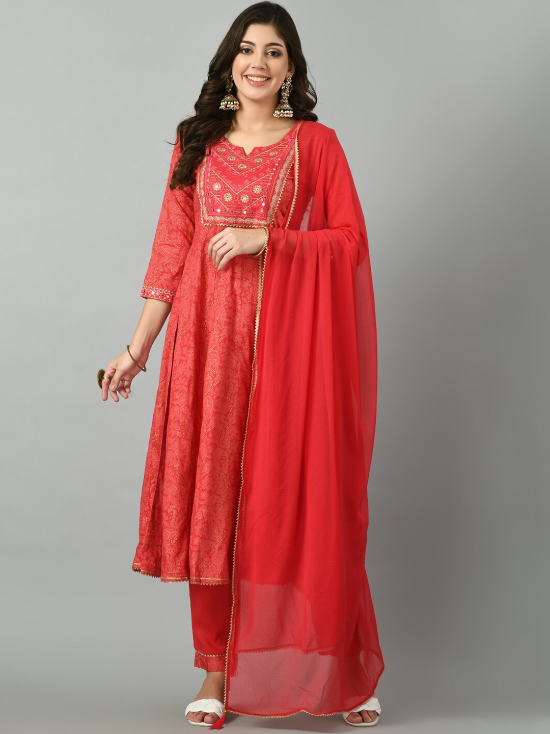 

DOISA Notch Neck Floral Embroidered Mirror Work Flared Kurta with Trousers & Dupatta, Red
