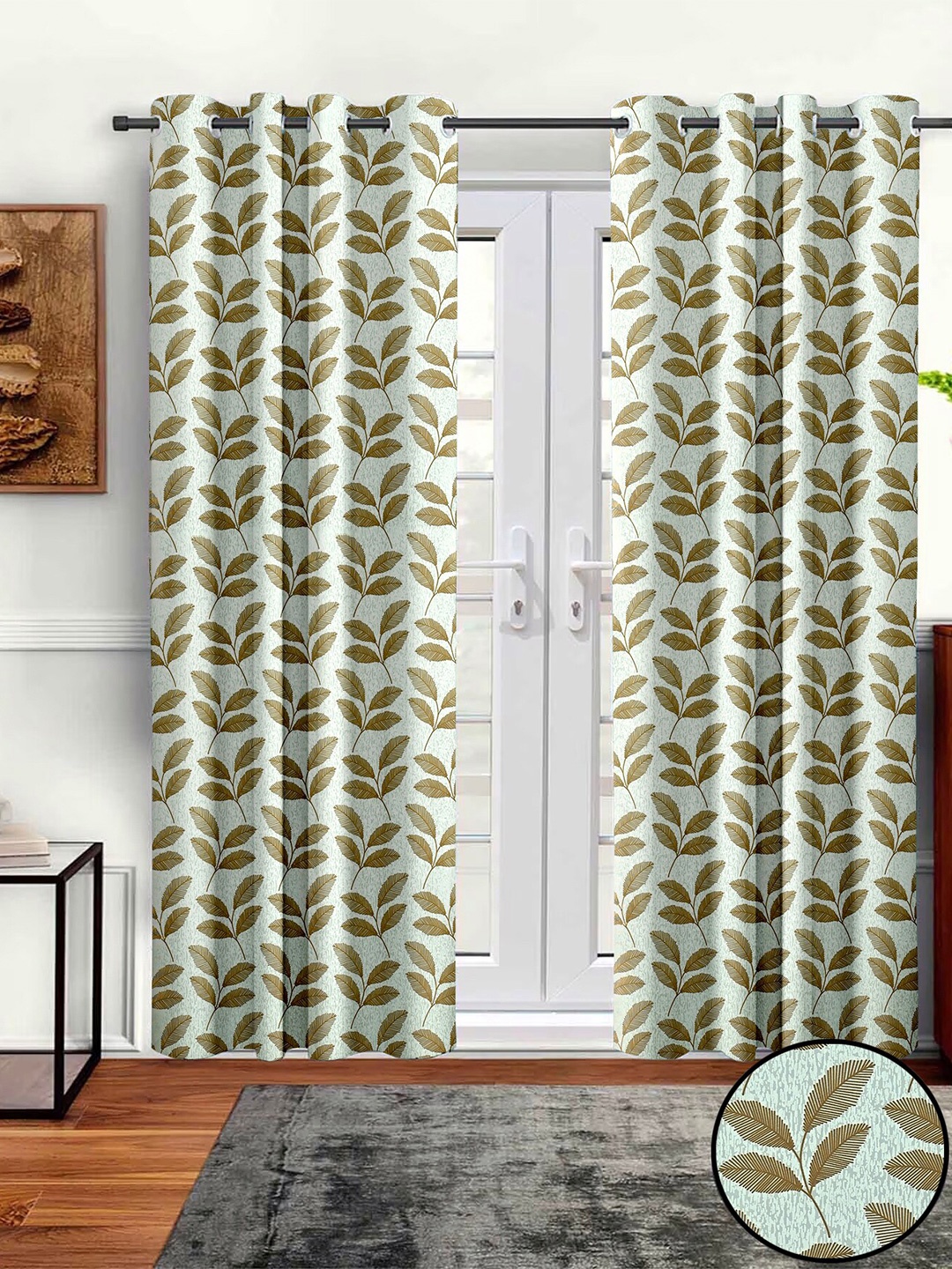 

Aura White & Gold Toned 2 Pieces Leaf Printed Eyelet Room Darkening Long Door Curtains