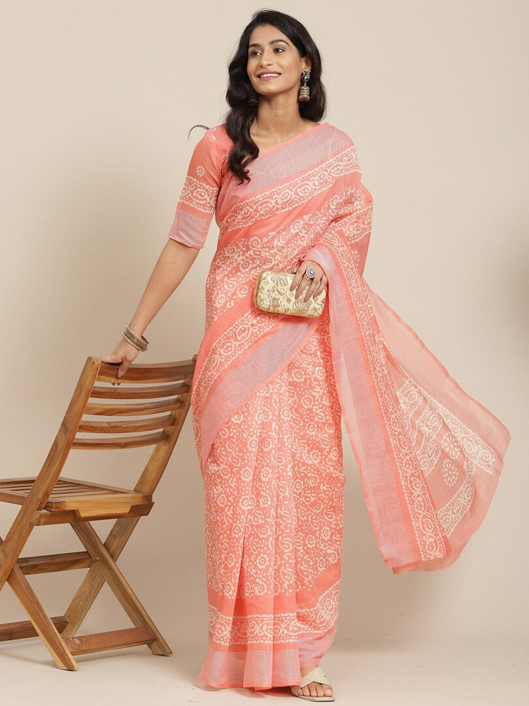 

Mitera Floral Designer Block Print Saree, Peach