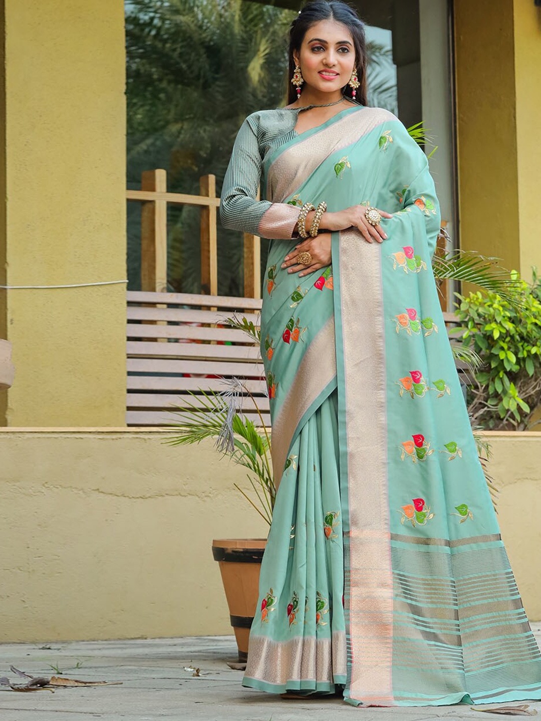 

Mitera Woven Design Embroidered Silk Cotton Designer Banarasi Saree, Turquoise blue