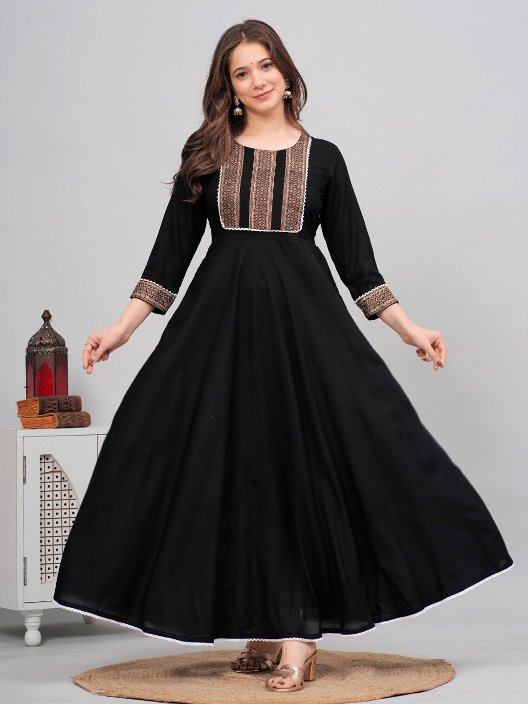 

DAEVISH Embroidered Fit & Flare Ethnic Dress, Black