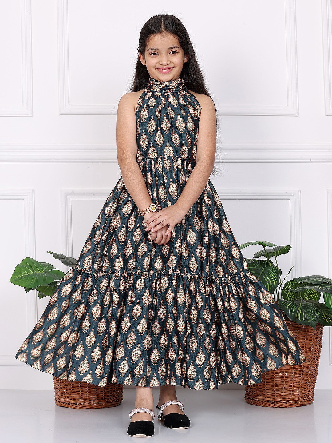 

Ethnovog Girls Ethnic Motifs Halter Neck Net Gathered Maxi Dress, Blue