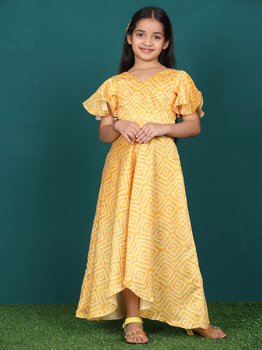

Ethnovog Girls Geometric Printed V-Neck Maxi Dress, Yellow