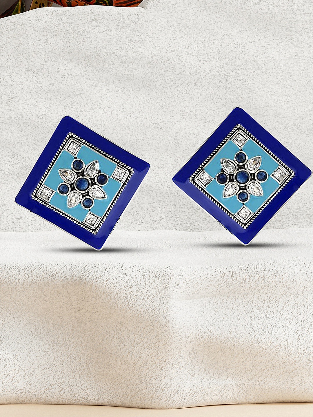 

Adwitiya Collection Silver-Plated Stone-Studded Oxidised Studs Earrings