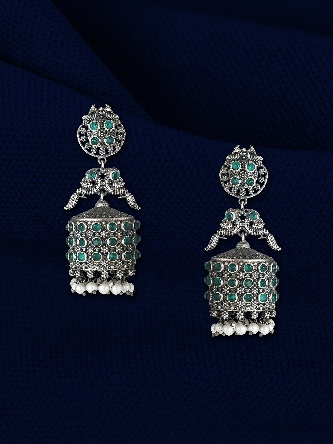 

Adwitiya Collection Silver-Plated Stone-Studded Peacock Shaped Jhumkas