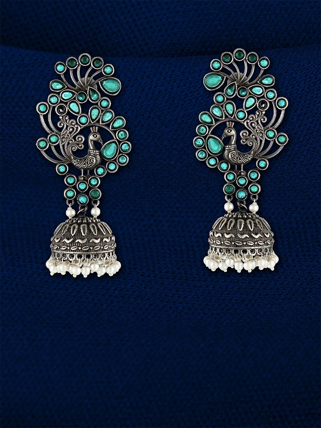 

Adwitiya Collection Silver-Plated Stone-Studded & Beaded Dome Shaped Jhumkas