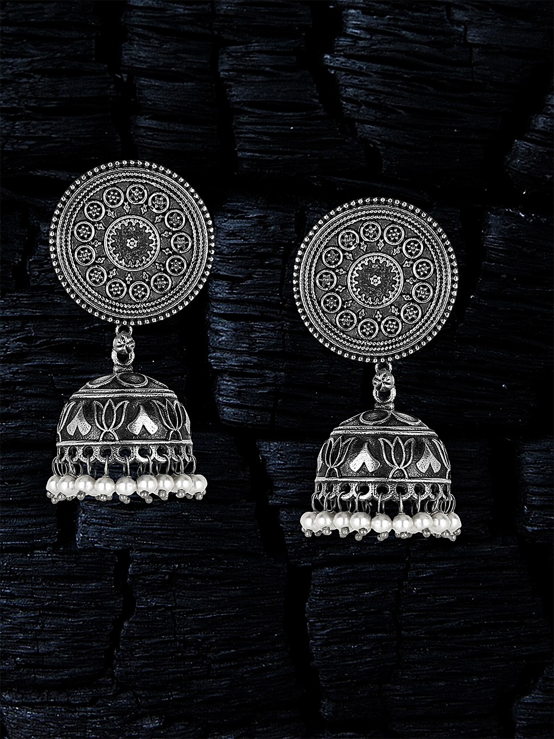 

Adwitiya Collection Silver-Plated Beaded Dome Shaped Oxidised Jhumkas