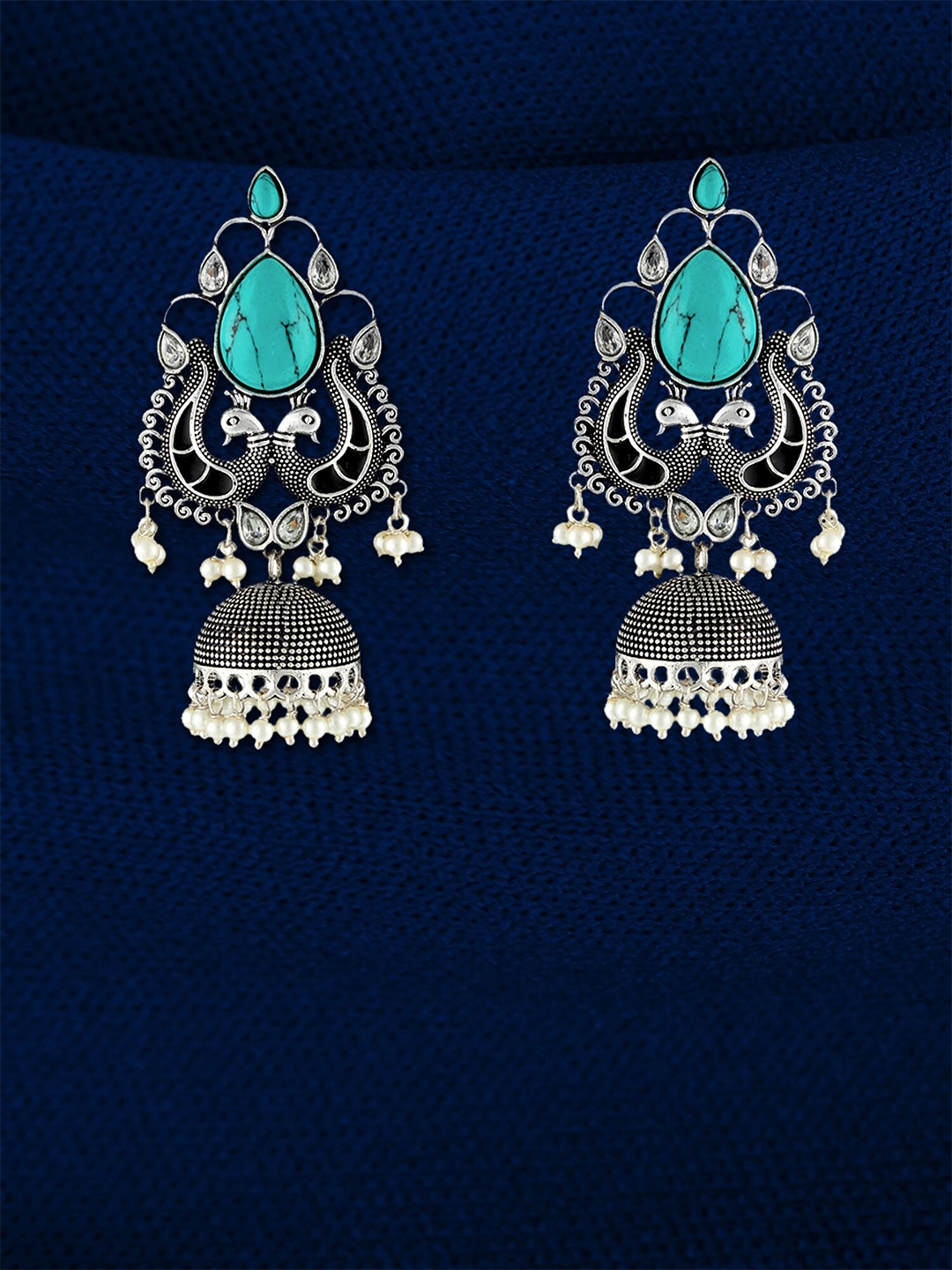 

Adwitiya Collection Silver-Plated Stone-Studded & Beaded Dome Shaped Jhumkas