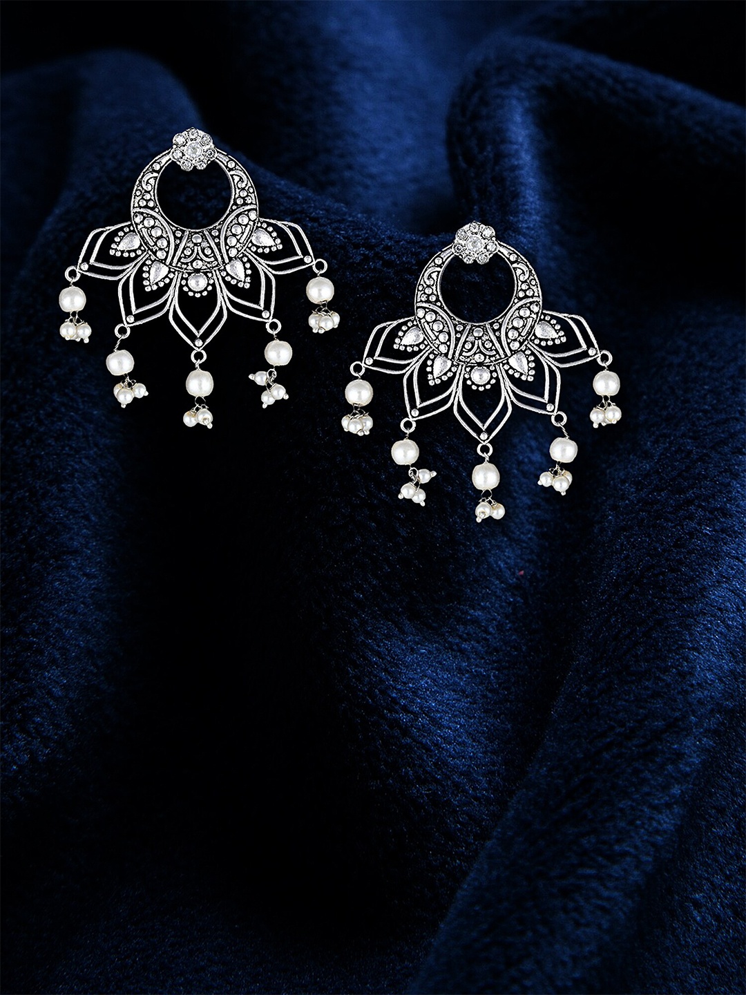 

Adwitiya Collection Silver-Plated Beaded Classic Oxidised Drop Earrings