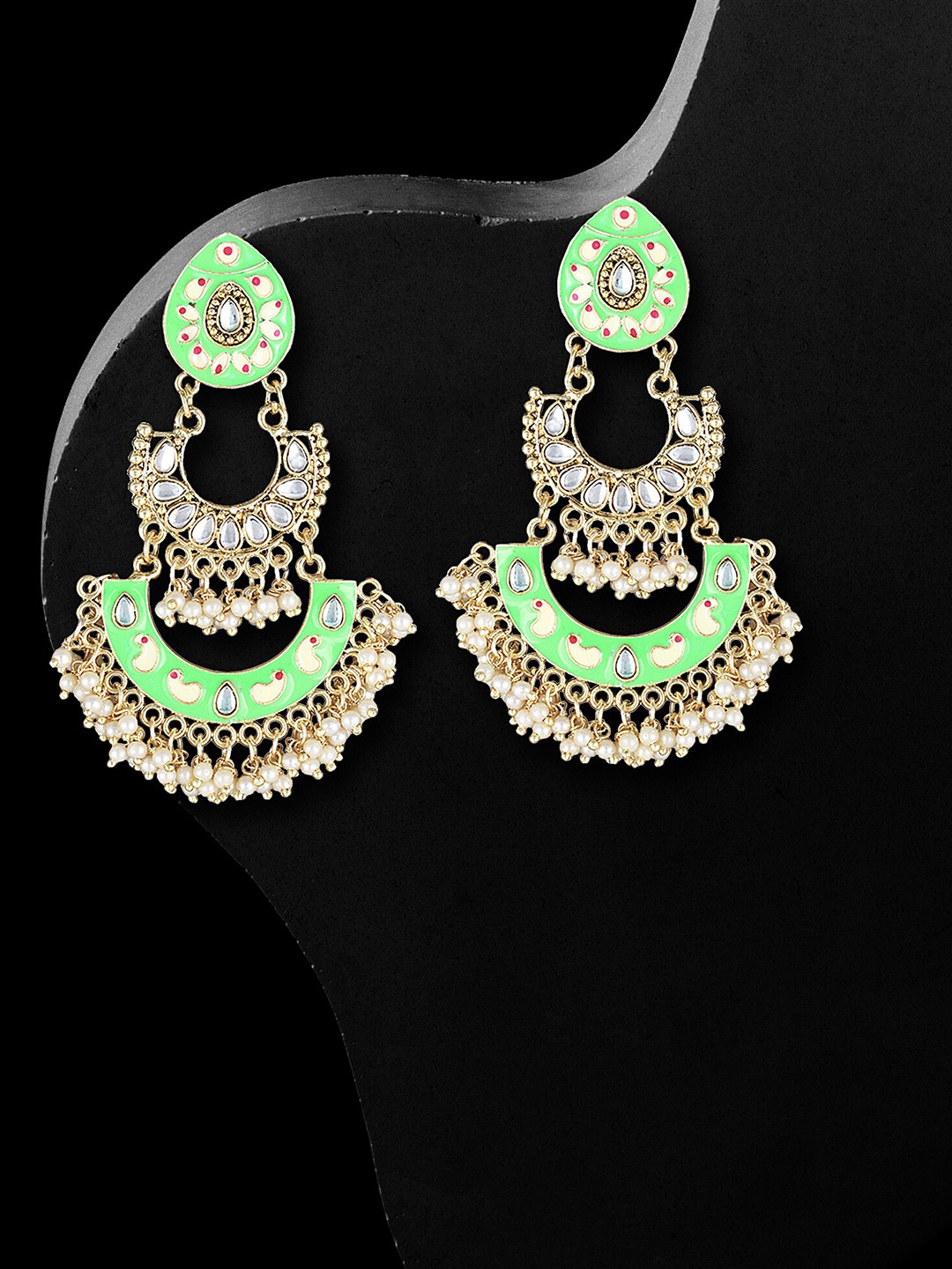 

Adwitiya Collection 24CT Gold-Plated Stone-Studded & Beaded Classic Drop Earrings