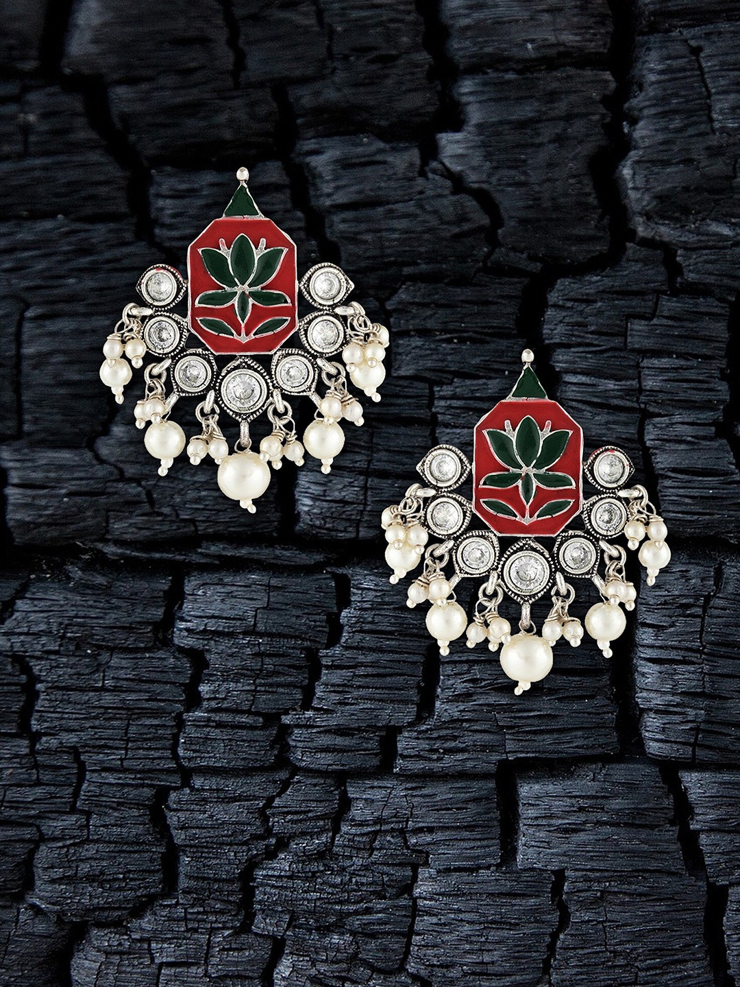 

Adwitiya Collection Silver-Plated Stone-Studded & Beaded Classic Drop Earrings