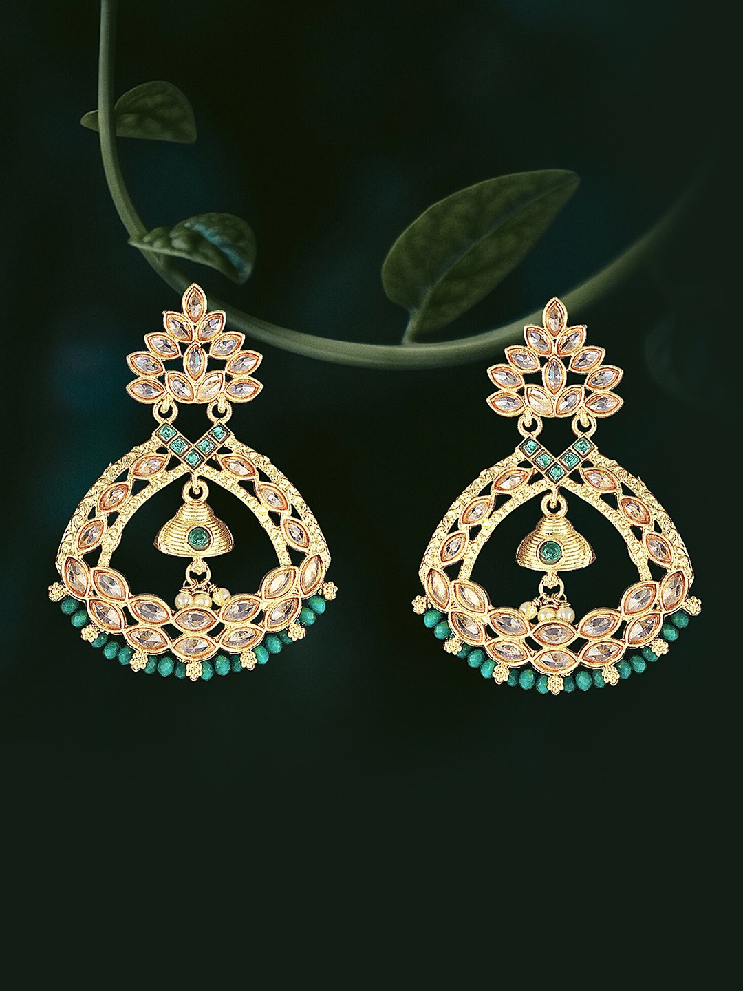 

Adwitiya Collection 24CT Gold-Plated Stone-Studded & Beaded Classic Drop Earrings