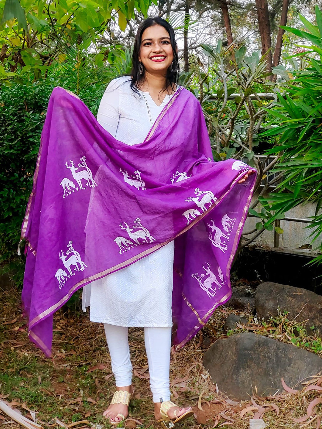 

Apaapi Threads of glory Ethnic Motifs Printed Chanderi Dupatta, Purple