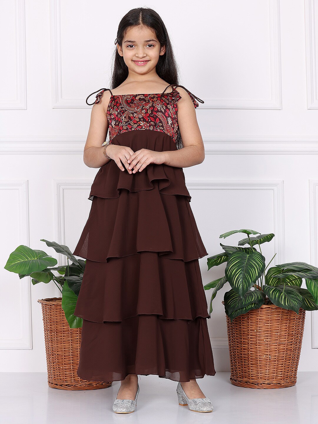 

Ethnovog Girls Floral Print Georgette Maxi Dress, Brown