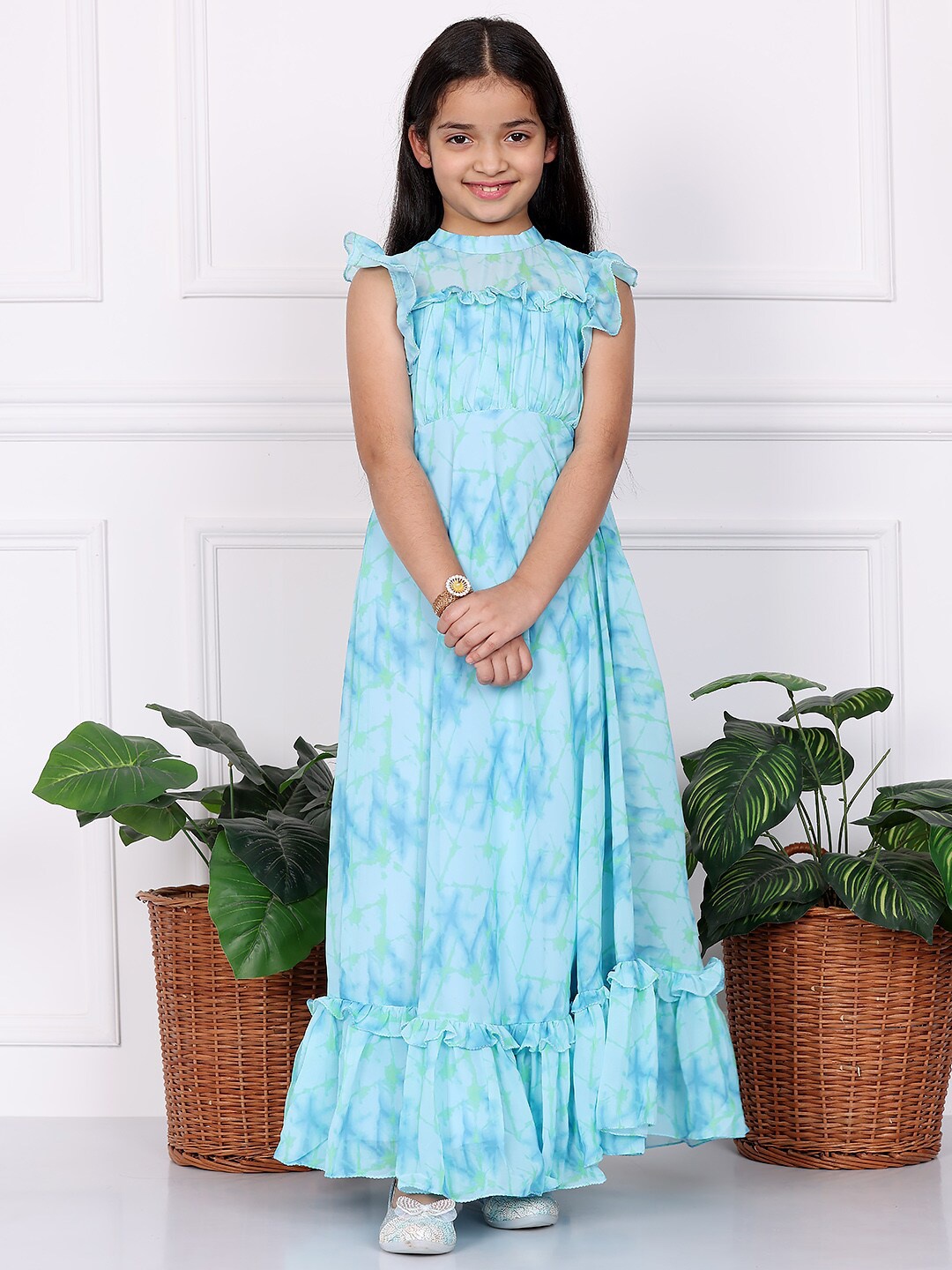 

Ethnovog Girls Abstract Print High Neck Georgette Maxi Dress, Blue