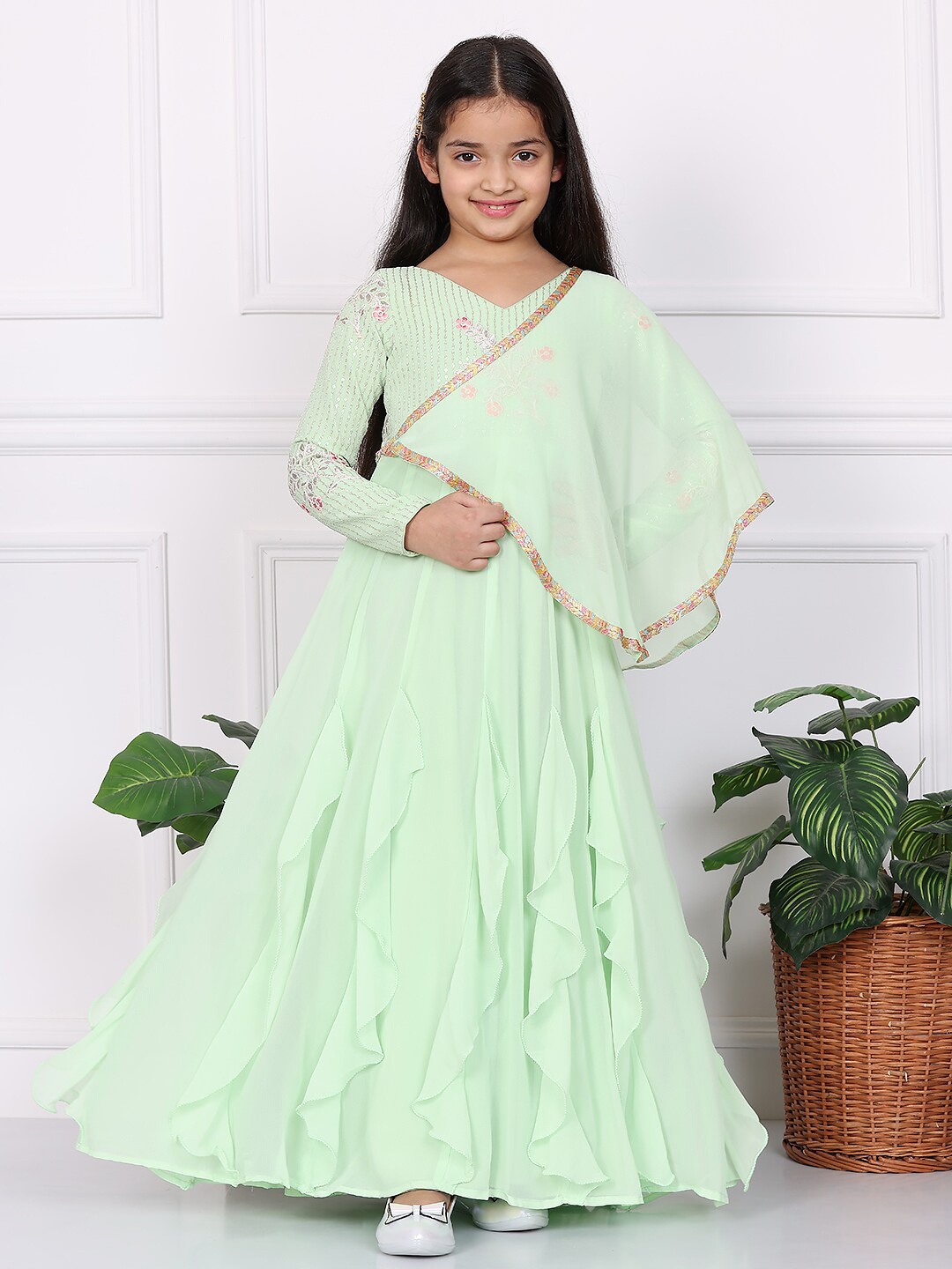 

Ethnovog Girls Embroidered V Neck Maxi Dress, Green