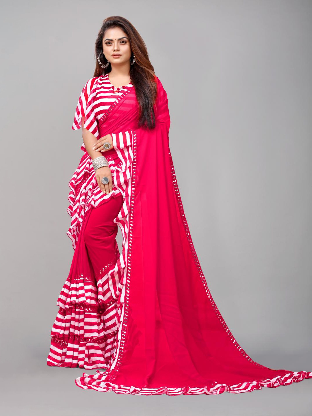 

SM TRENDZ Striped Pure Georgette Bhagalpuri Saree, Pink