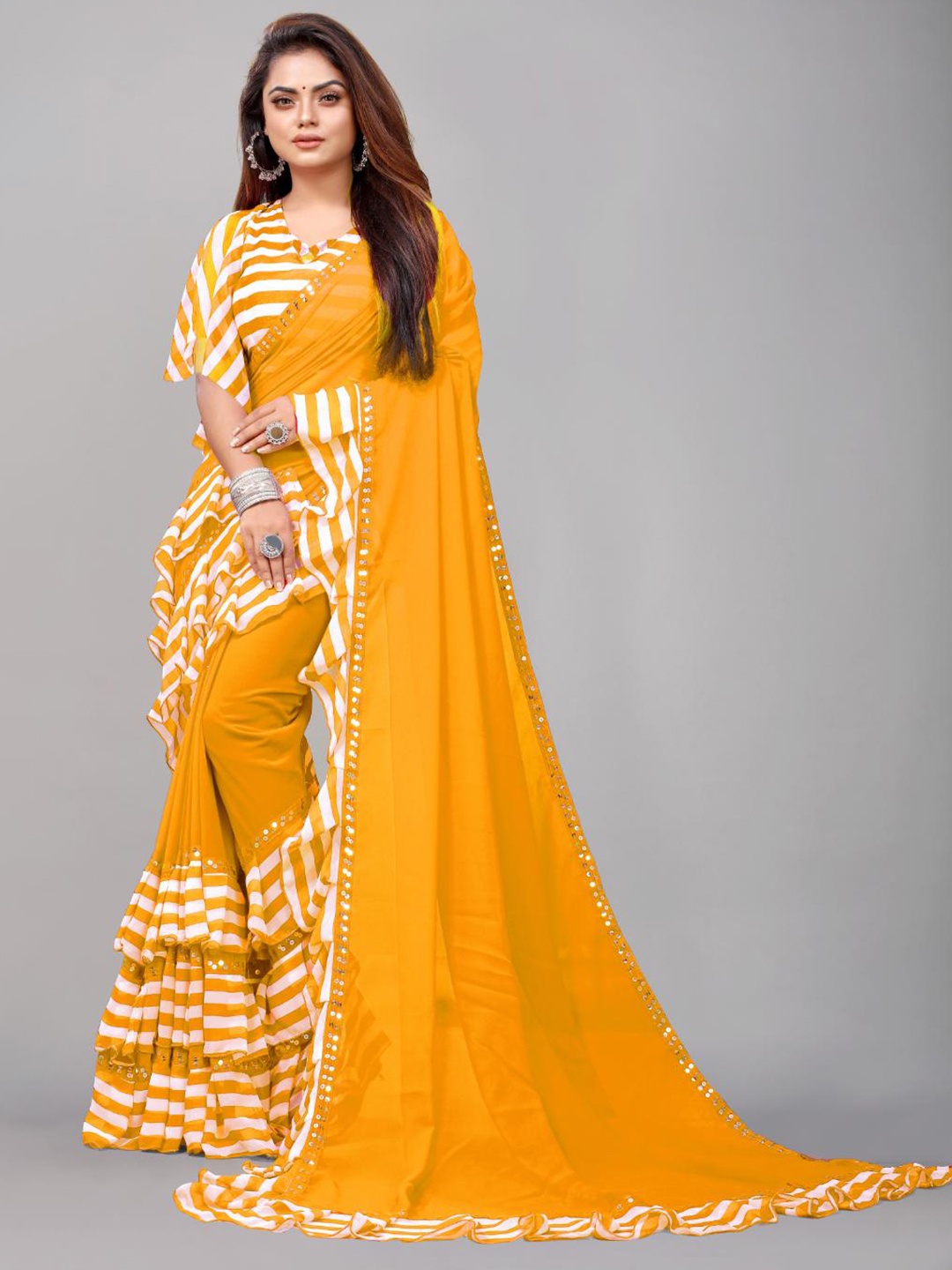 

SM TRENDZ Striped Pure Georgette Bhagalpuri Saree, Yellow