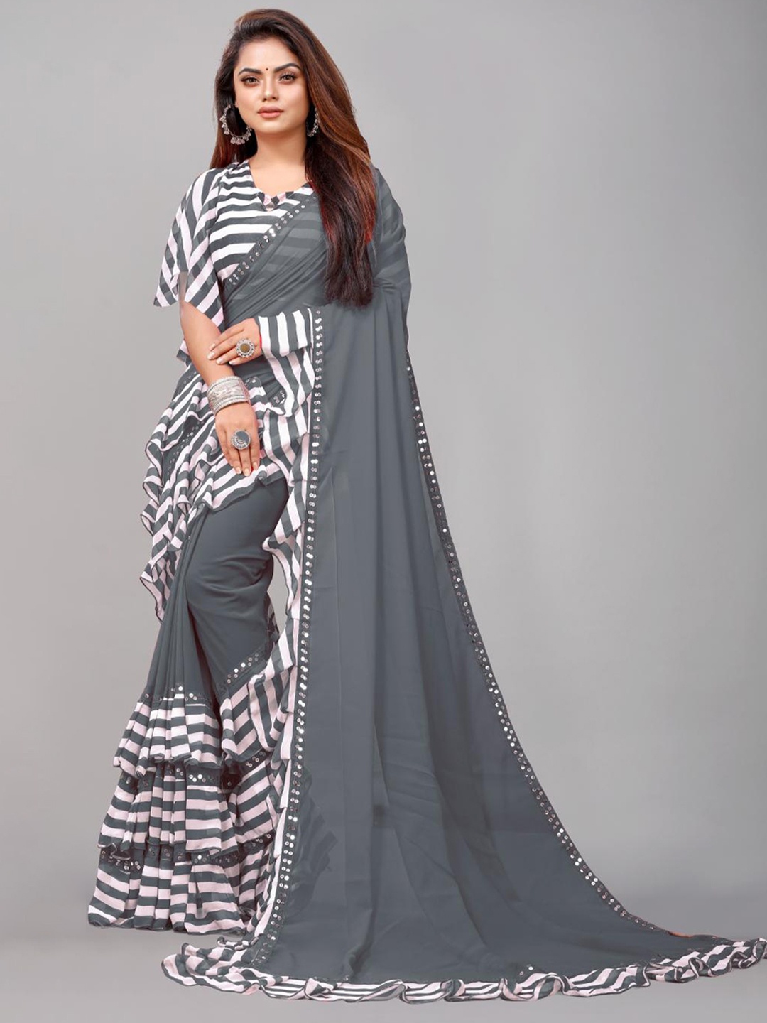 

SM TRENDZ Striped Pure Georgette Bhagalpuri Saree, Grey